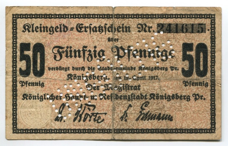 Germany East Prussia Magistrat of Konigsberg 50 Pfennig 1917 UNGULTIG
Karpinski...