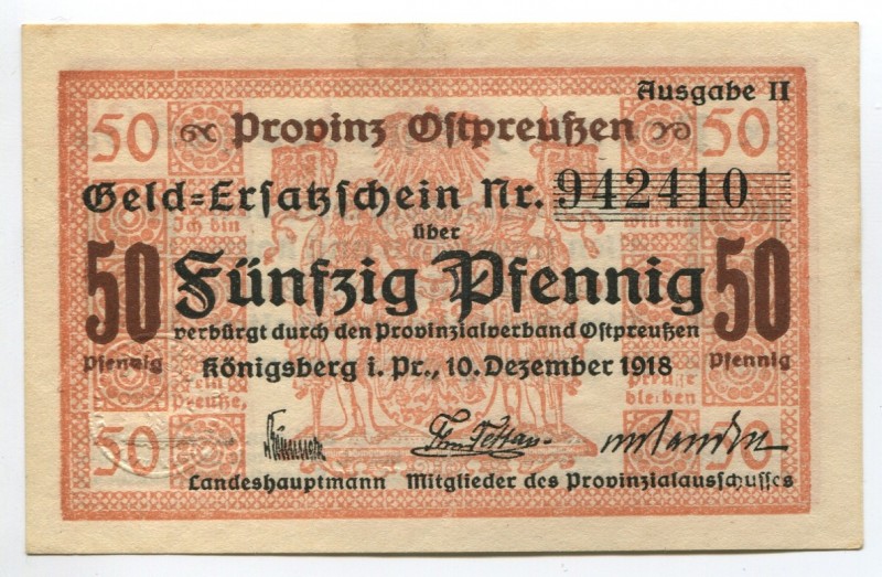 Germany East Prussia Konigsberg 50 Pfennig 1918
Karpinski# 23.3D; № 942410; UNC...