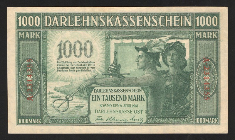 Germany Occupation of Kowno 1000 Mark 1918 Rare
P# R134b; UNC