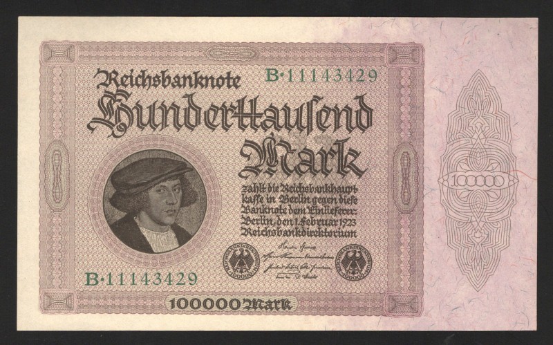 Germany - Weimar Republic 100000 Mark 1923
P# 83; 8 digits in serial number; UN...