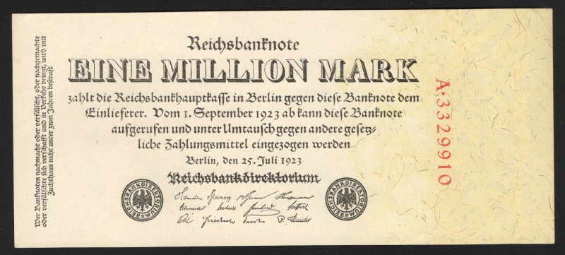 Germany - Weimar Republic 1000000 Mark 1923
P# 94; UNC