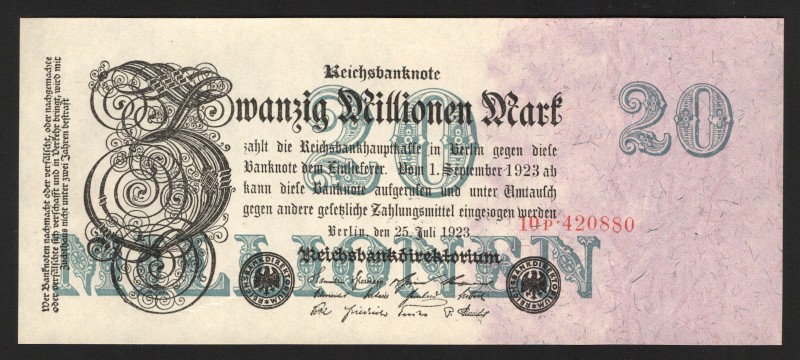 Germany - Weimar Republic 20 Millions Mark 1923
P# 97b; UNC