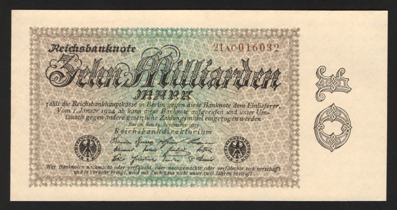 Germany - Weimar Republic 10 Milliards Mark 1923
P# 116b; UNC