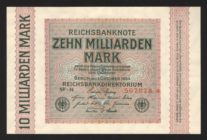 Germany - Weimar Republic 10 Milliards Mark 1923
P# 117a; UNC