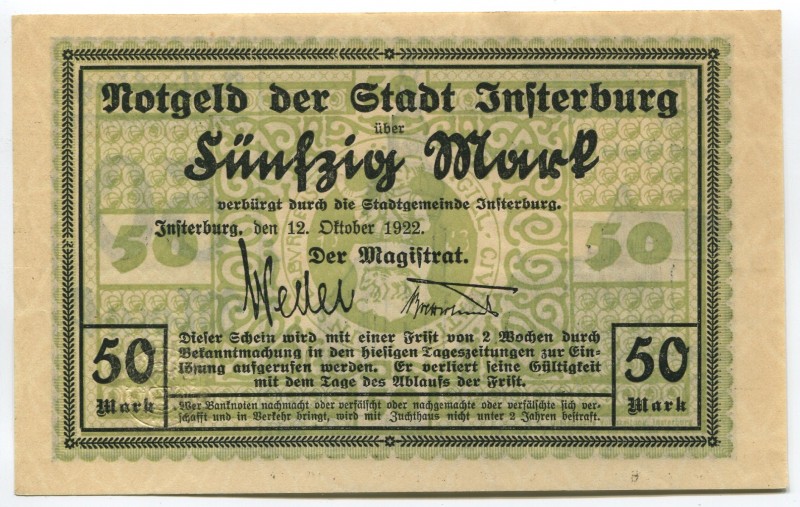 Germany East Prussia Magistrat of Isterburg 50 Mark 1922 Notgeld
Karpinski# 19....