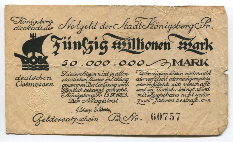 Germany East Prussia Magistrat of Konigsberg 50 Million Mark 1923 Notgeld
Karpi...