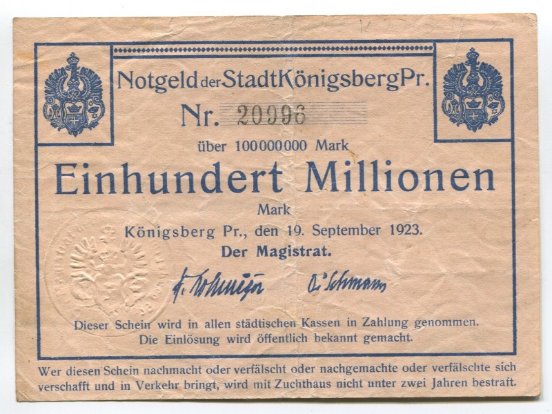 Germany East Prussia Magistrat of Konigsberg 100 Million Mark 1923 Notgeld
Karp...