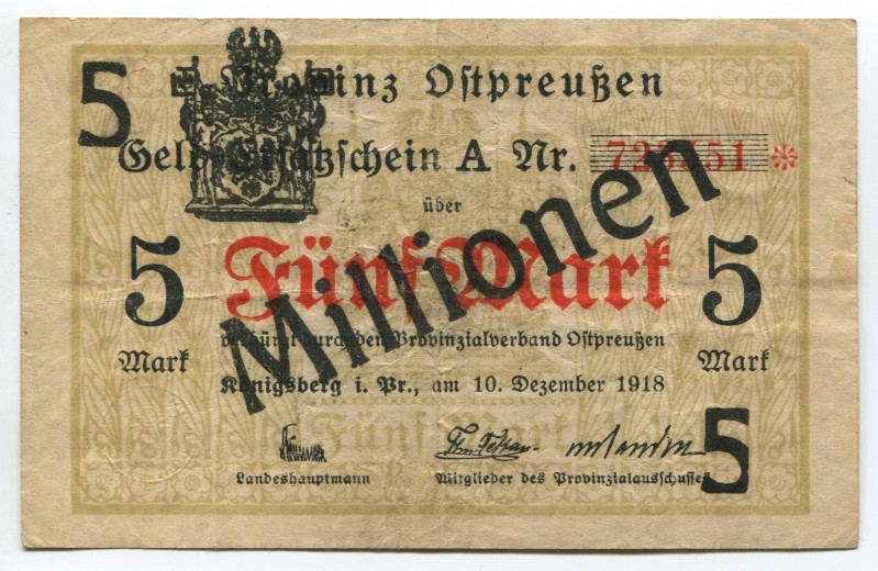 Germany East Prussia Konigsberg 5 Million Mark 1923
Karpinski# 23.10F; № 723551...