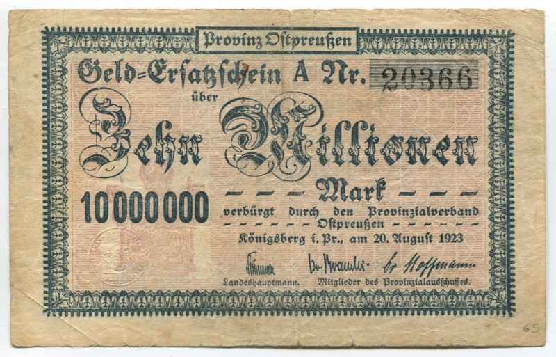 Germany East Prussia Konigsberg 10 Million Mark 1923
Karpinski# 23.11; № 20366;...