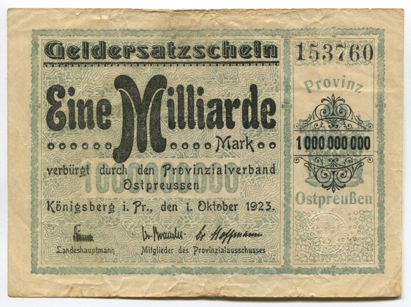 Germany East Prussia Konigsberg 1 Billion Mark 1923
Karpinski# 23.16A; № 153760...