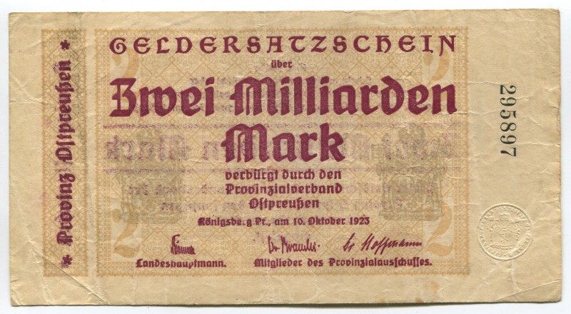 Germany East Prussia Konigsberg 2 Billion Mark 1923
Karpinski# 23.17; № 295897;...