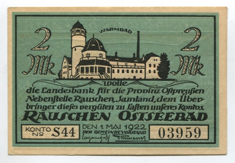 Germany East Prussia Rauschen 2 Mark 1922
Karpinski# 41.1B; № 03959; UNC