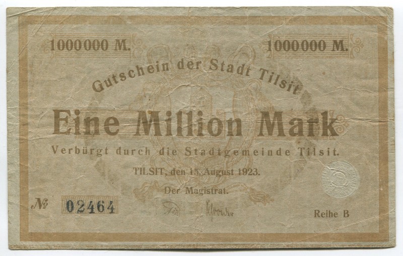 Germany East Prussia Magistrat of Tilsit 1 Million Mark 1923
Karpinski# 52.17B;...