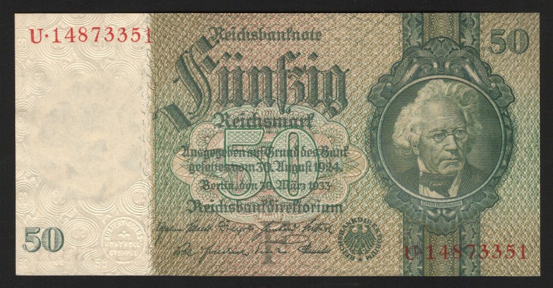 Germany - Third Reich 50 Reichsmark 1933
P# 182a; UNC