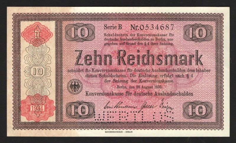 Germany - Third Reich 10 Reichsmark 1934
P# 208; UNC