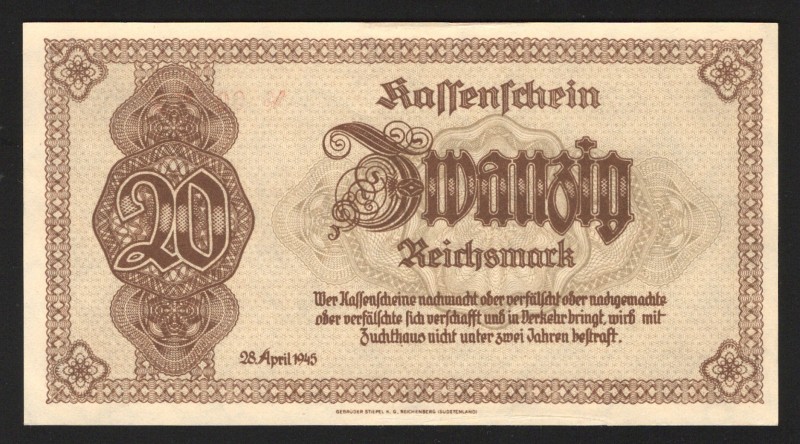 Germany - Third Reich 20 Reichsmark 1945
P# 186; UNC