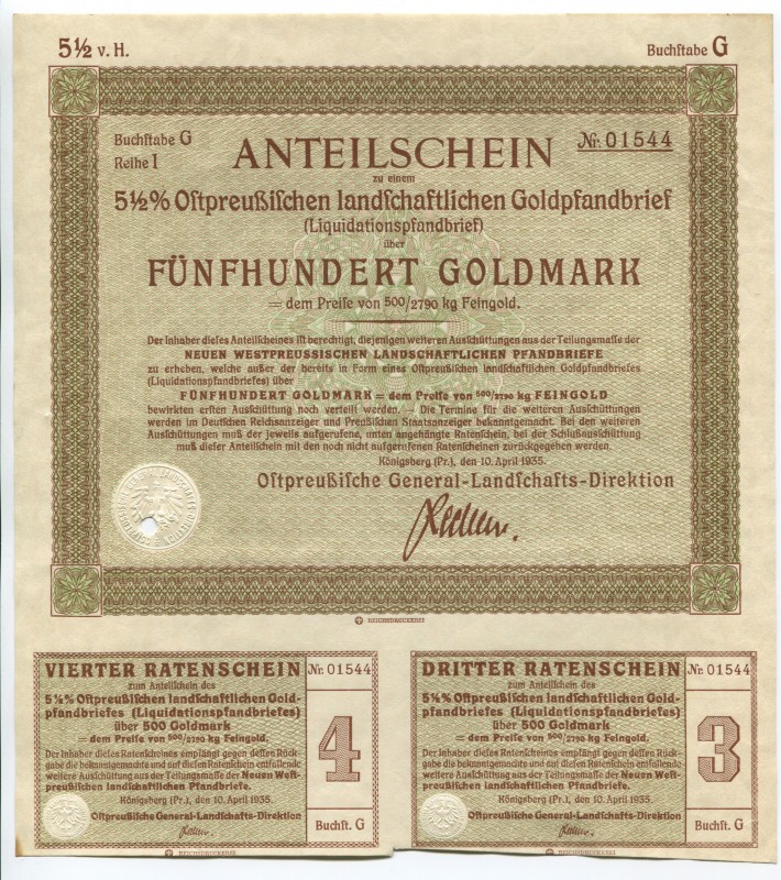 Germany East Prussia Konigsberg 500 Goldmark 1935 Golden Mortgage Certificate
№...