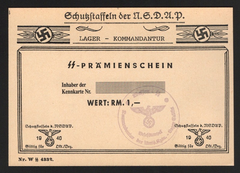 Germany Komander Lager of Wermaht 1 Reichsmark 1940 Rare
UNC