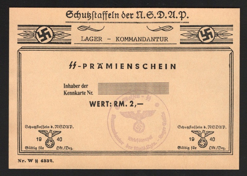 Germany Komander Lager of Wermaht 2 Reichsmark 1940 Rare
UNC