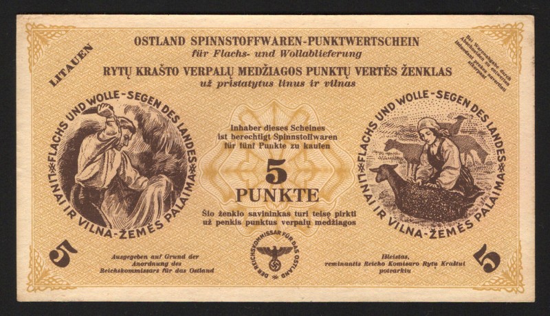 Germany Occupation of Lithuania 5 Punkte 1945
With watermarks; UNC-