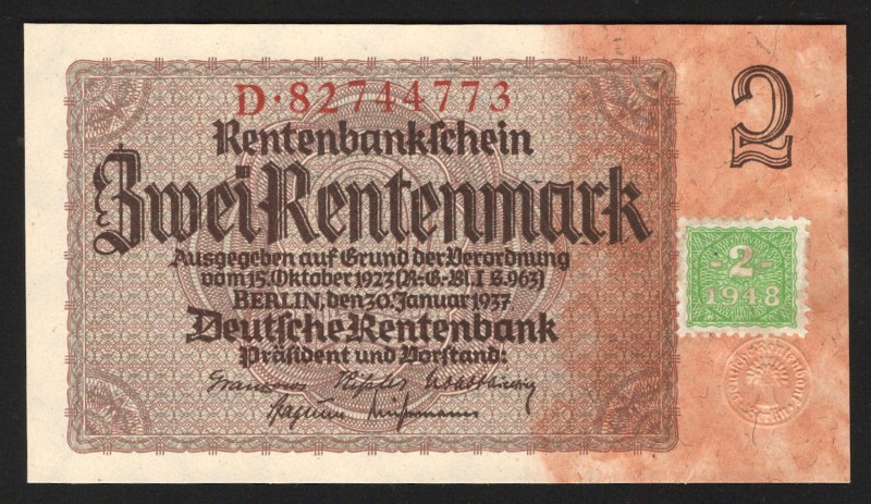 Germany - DDR 2 Rentenmark 1948
P# 2; Soviet occupation zone; UNC