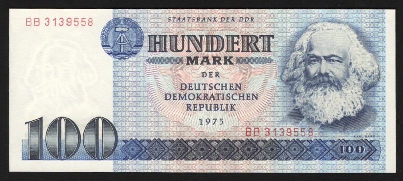 Germany - DDR 100 Mark 1975
P# 31a; Wide numerals in serial number; UNC