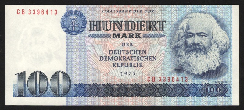 Germany - DDR 100 Mark 1975
P# 31b; Narrow numerals in serial number; UNC