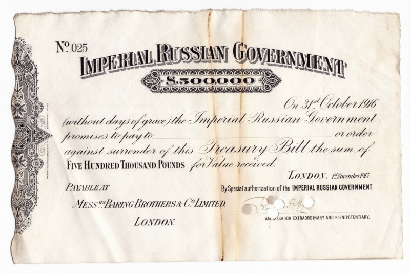 Great Britain Imperial Russian Goverment Treasury Bills 500000 Pounds 1915 RARE...