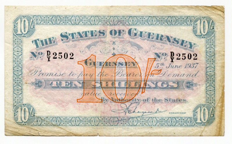 Guernsey 10 Shillings 1937
P# 15; # 2502; VF-