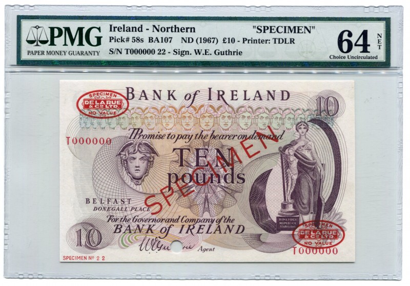 Northern Ireland 10 Pounds 1967 Specimen De La Rue PMG 64
P# 58s, Blake-BA107; ...