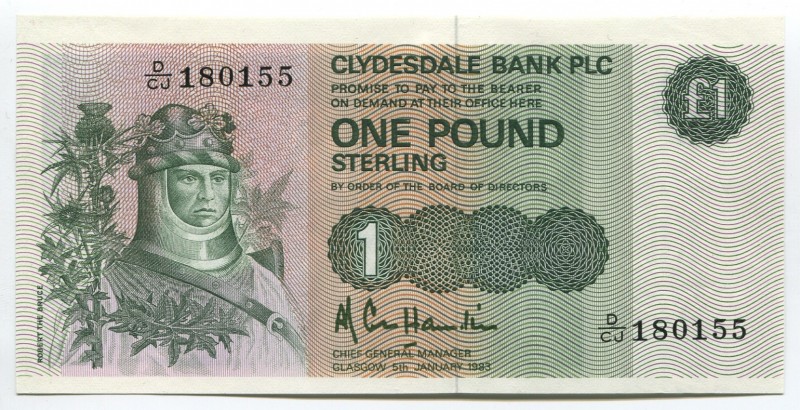 Scotland 1 Pound 1983
P# 211b; № D/CJ 180155; UNC; Sign. Hamilton; "Robert the ...