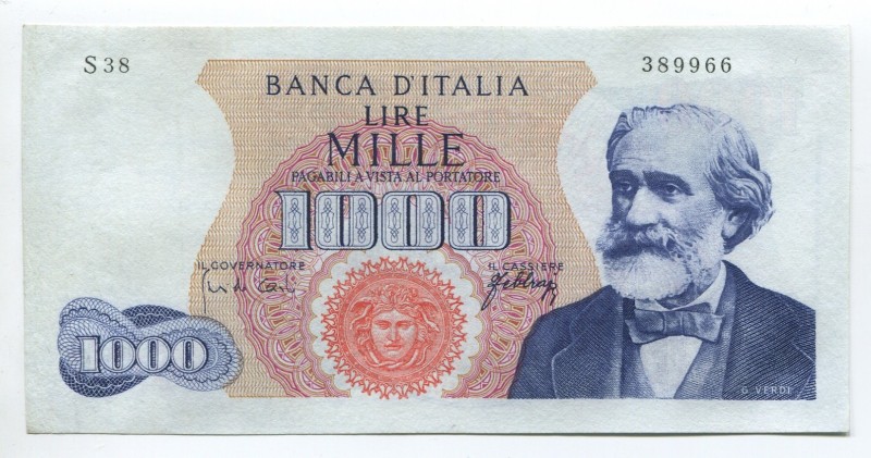 Italy 1000 Lire 1966
P# 96d; № S38 389966; aUNC; "Giuseppe Verdi"