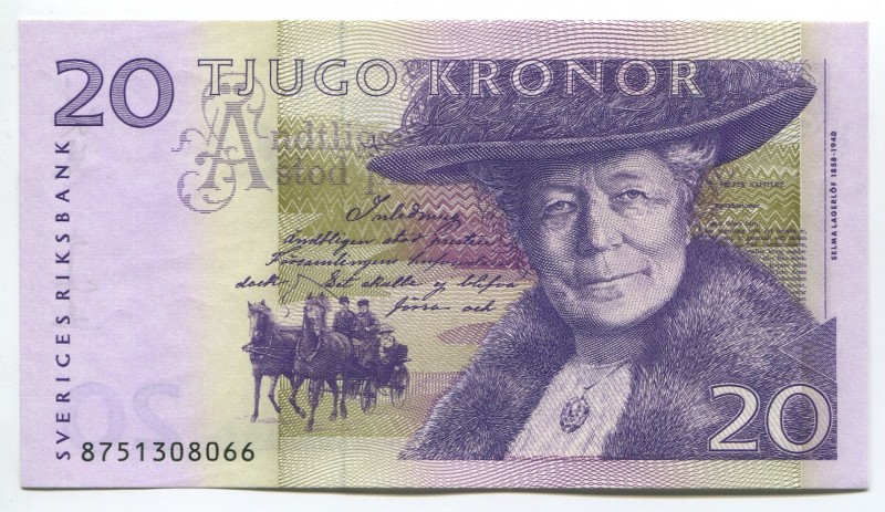 Sweden 20 Kronor 2011
P# 63c; № 8751308066; UNC; Sign. Ingves; "Selma Lagerlöf"...