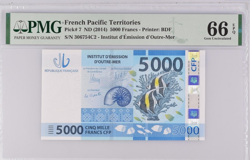 French Pacific Territories 5000 Francs 2014 PMG 66
P# 7; UNC