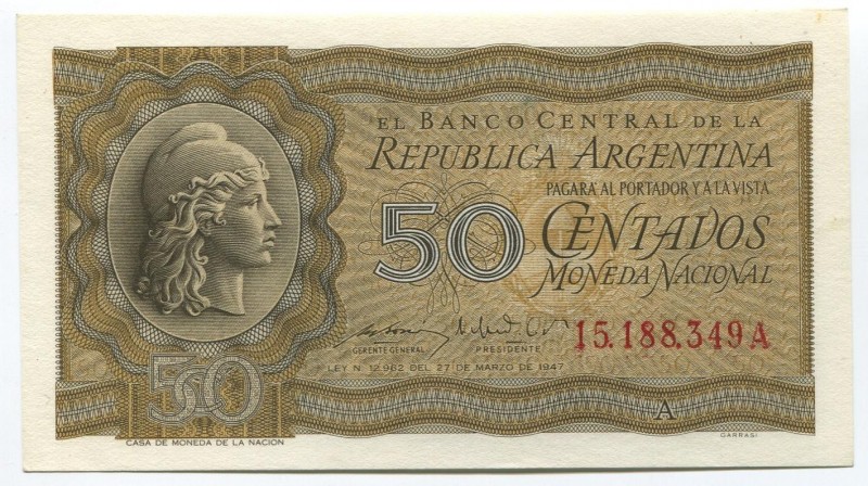 Argentina 50 Centavos 1950
P# 259a; UNC