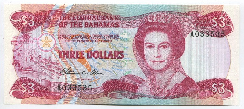 Bahamas 3 Dollars 1974 (1984)
P# 44a; № A 033535; UNC; Sign. W.C. Allen