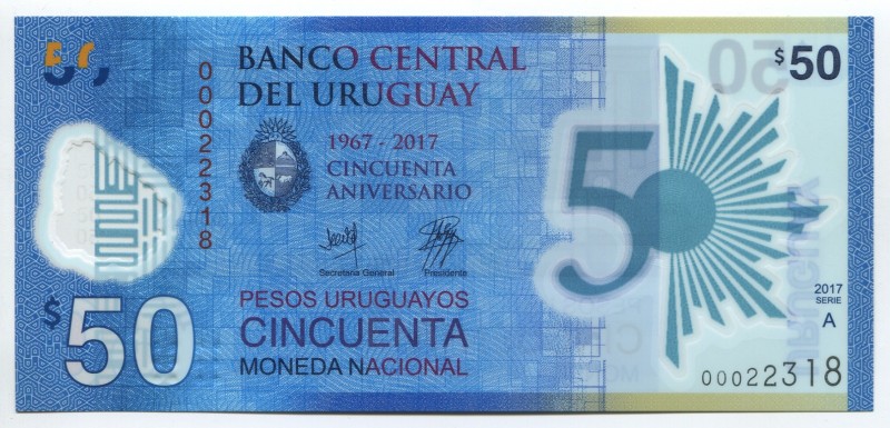 Uruguay 50 Pesos 2017 Commemorative
P# 100; № 00022318; UNC; Polymer