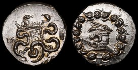 Ancient Greece Lydia Tralles Cistophoric Tetradrachm Circa 166 -67 BC
Silver; Cista Mystica with Serpent; All Within Ivy Wreath / TRAL, Bowcase with ...
