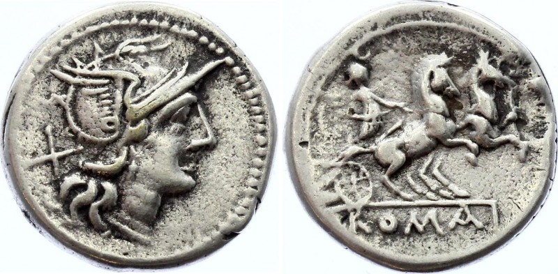 Roman Republic AR Denarius 179 -170 BC
Rome. Obv: Helmeted head of Roma right; ...