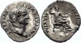 Roman Empire Denarius 73 AD
RIC 65, S 2305, C 387 Denarius Obv: IMPCAESVESPAVGCENS - Laureate head right. Rev: PONTIFMAXIM - Vespasian seated right, ...
