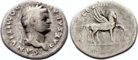 Roman Empire Denarius 76 AD
RIC 238 (Vespasian), BMC 193 (Vespasian), S 2637, C 47 Denarius Obv: CAESARAVGFDOMITIANVS - Laureate head right. Rev: COS...