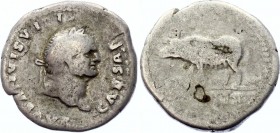 Roman Empire Denarius 77 - 78 AD
RIC 109, BMC 214 Denarius Obv: CAESARVESPASIANVSAVG - Laureate head left. Rev: No legend Exe: IMPXIX - Pig advancing...