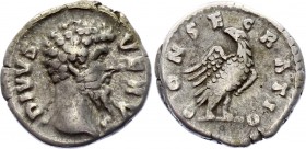 Roman Empire Denarius 170 AD
RIC 596a (Marcus Aurelius), BMC 503, C 55 Denarius Obv: DIVVSVERVS - Bare head right. Rev: CONSECRATIO - Eagle.