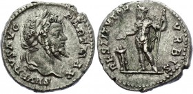 Roman Empire Denarius 200 - 201 AD
RIC 167, BMC 202, S 6357, C 599 Denarius Obv: SEVERVSAVGPARTMAX - Laureate head right. Rev: RESTITVTORVRBIS - Sept...