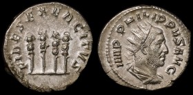 Roman Empire Philip I Antoninianus 247 -249 A.D.
RIC# 62; RSC# 50; Silver 4.25g; IMP PHILIPPVS AVG, Radiate, Draped & Cuirassed Bust Right / FIDES EX...