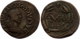 Kings of Bosporus Sestertius 93 - 123 AD
Weight 10,05 gm; AE Sestertius. Savromat. Obv: Head of Savromat r. Legend Basileus Savromatoy. Rev MH.