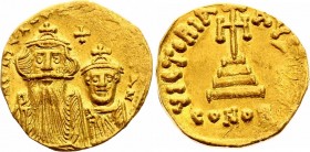 Byzantium Solidus 626 - 632 AD
Gold Obv: NNhERACLISEThERACONSPPAVC - To left bust of Heraclius facing, with long beard and whiskers, wearing chlamys ...