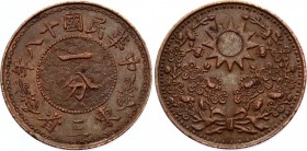 China Manchuria 1 Cent 1929 (18)
Y# 434; Copper 5.50g.; AUNC