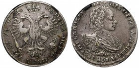 Russia 1 Rouble 1721 K R RNGA AU 50
Bit# 469(R); Silver 28.16g 39.26mm; Сross Above Head; 3 Roubles by Petrov; Old Patina