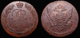 Russia 5 Kopeks 1765 EM
Bit# 611; Copper